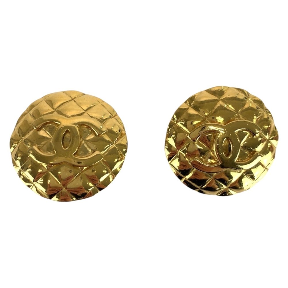 CHANEL Vintage Matelasse Coco Mark Gold Plated Earrings, 2" x 6" Engraved,